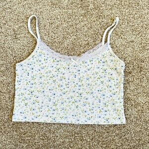 Brandy Melville White Ribbed Floral Lace-Trim Cami with Blue & Green Accents